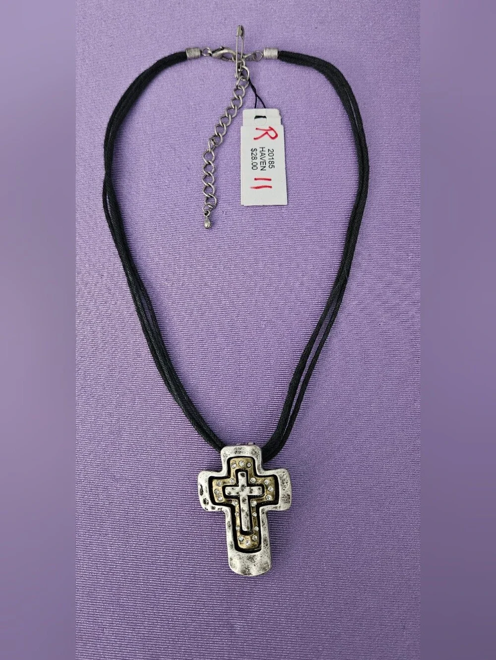 Silver Cross Pendant Necklace with Black Cord NWT